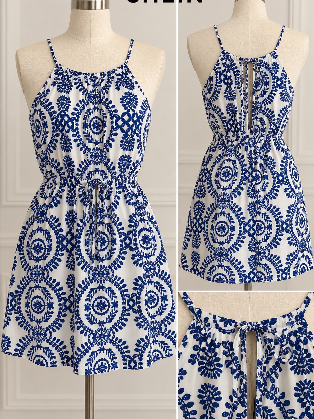 SHEIN Blue Medallion Print Halter Romper Shorts Size S